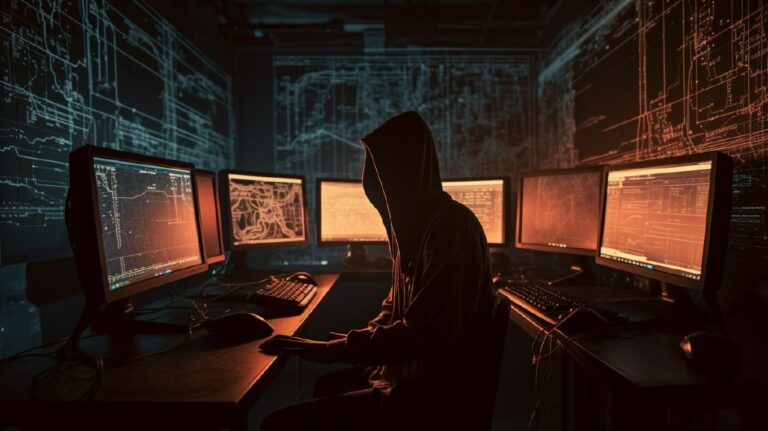 Hacker Sitting in front of his Hacking Distros computer lab inside a dark room