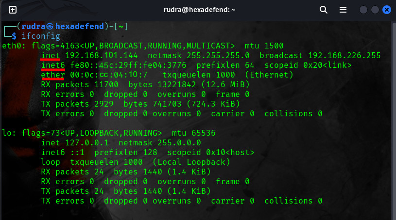 ifconfig command showing ipv4 ipv6 & mac address. computer networking