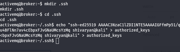 creating authorized key files for adding our ssh public key inside activemq user