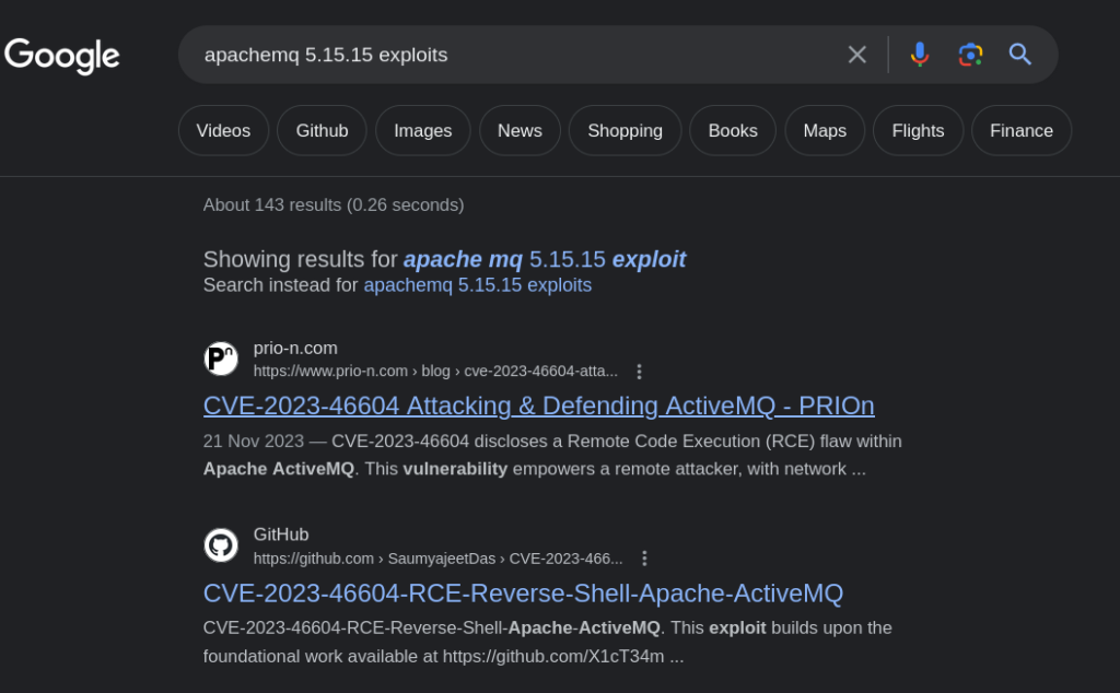 searching on google for apache activemq version exploit