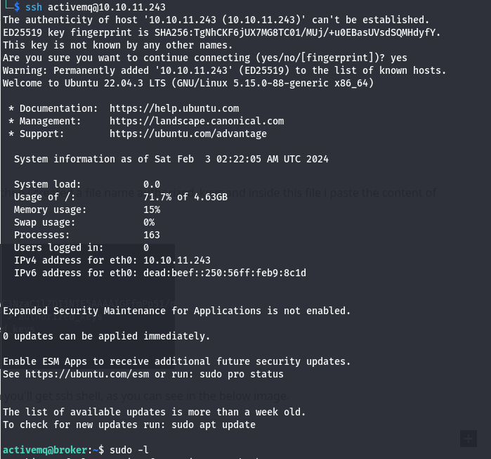 gained ssh shell in activemq user successfully